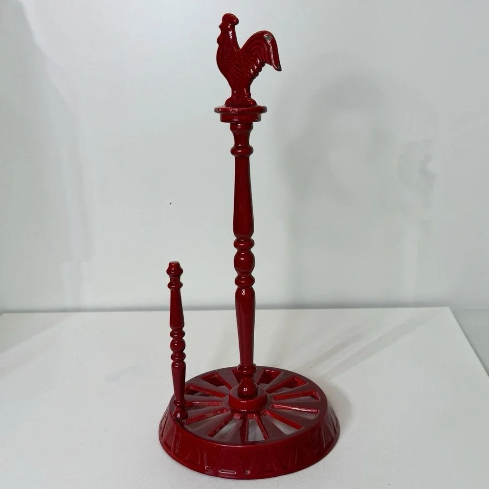 Rooster Farmhouse Freestanding Red Cast Iron Paper Towel Holder